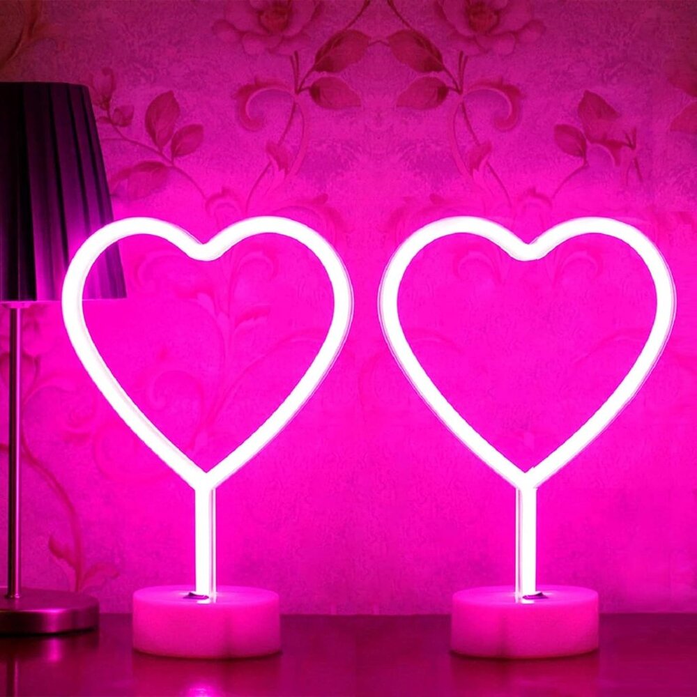Pink Heart Neon Sign, 2 Pack Valentines Day Led Neon Light Battery Operated Or U